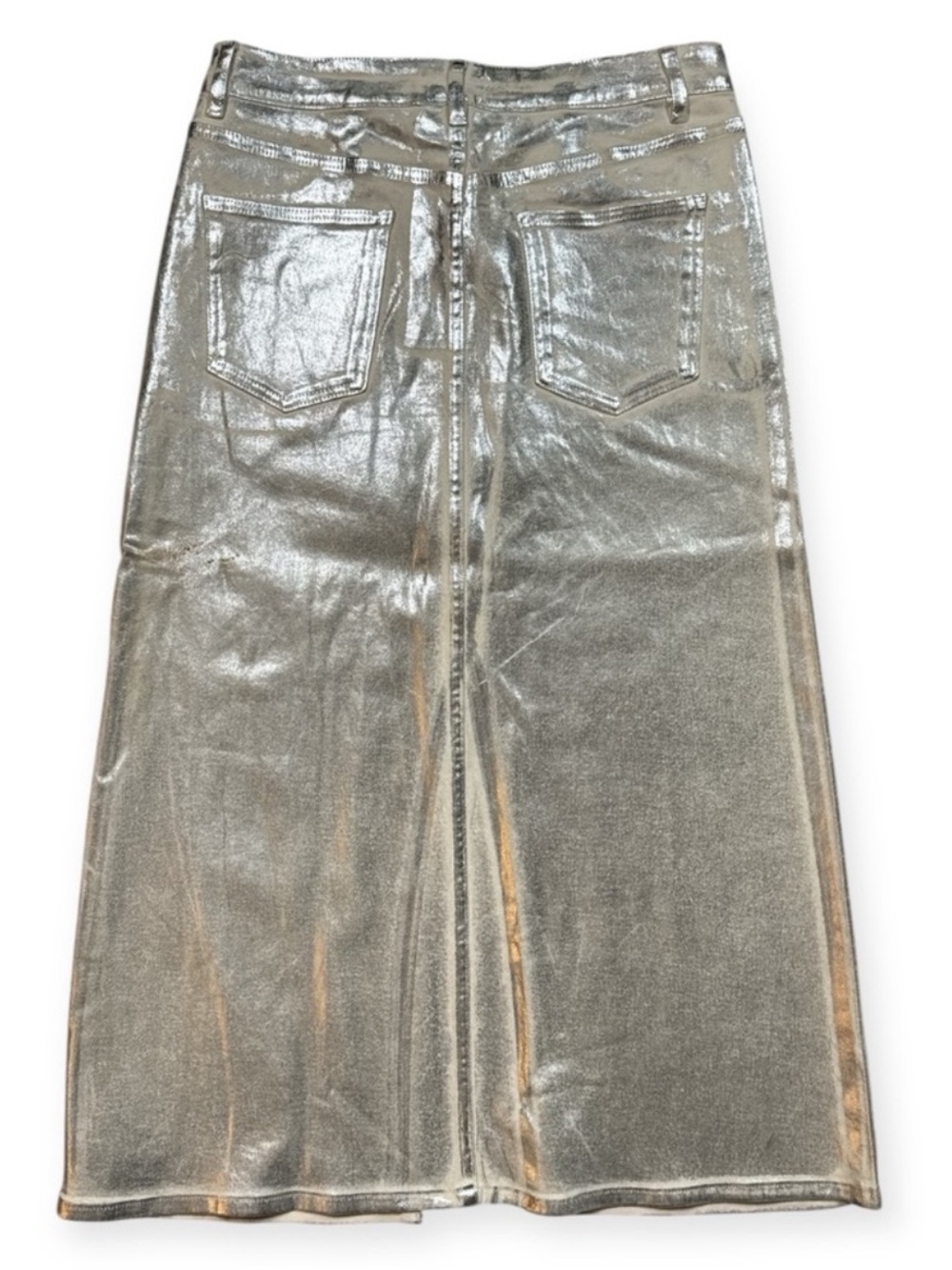 ELEVEN22 SILVER METTALIC COATED DENIM MAXI SKIRT HIGH SLIT Y2K FUTURISTIC GLAM - Picture 9 of 12